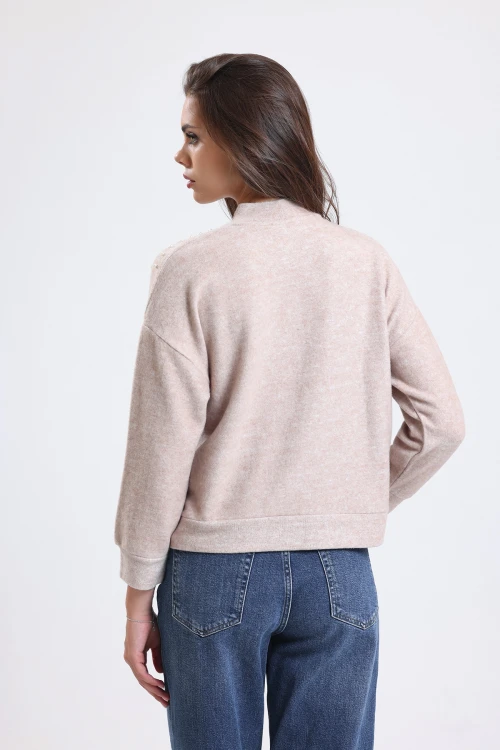 Yakası Boncuk İşlemeli Yarım Balıkçı Yaka Uzun Kollu Polar Sweatshirt