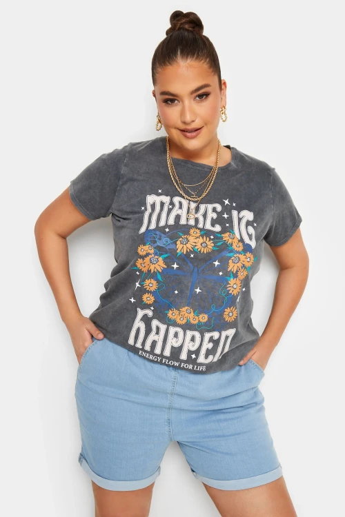 Büyük Beden Önü Baskılı Bisiklet Yaka Yarım Kol Yıkamalı T-shirt 302192