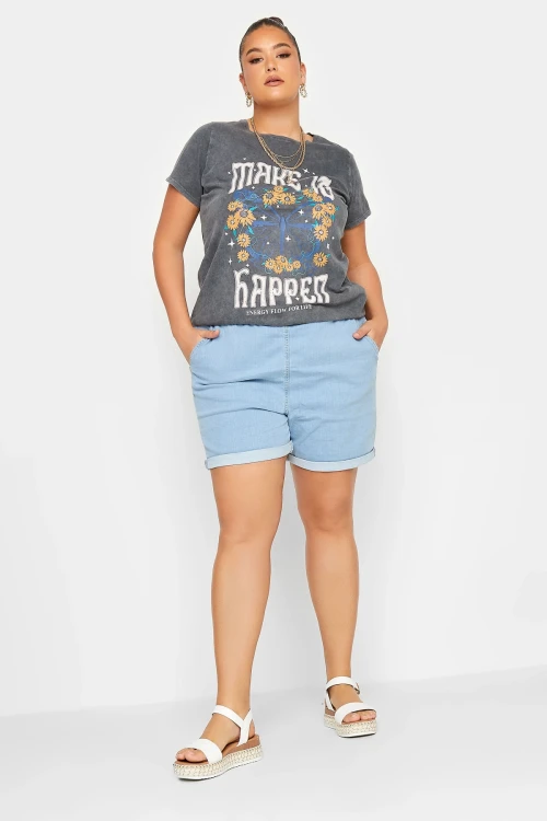 Büyük Beden Önü Baskılı Bisiklet Yaka Yarım Kol Yıkamalı T-shirt 302192