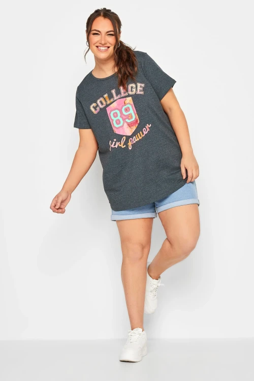 Büyük Beden Yazı Baskılı Yarım Kollu Bisiklet Yaka T-shirt 302198