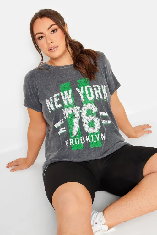 Büyük Beden Yazı Baskılı Yıkamalı Yarım Kollu Bisiklet Yaka T-shirt 302196