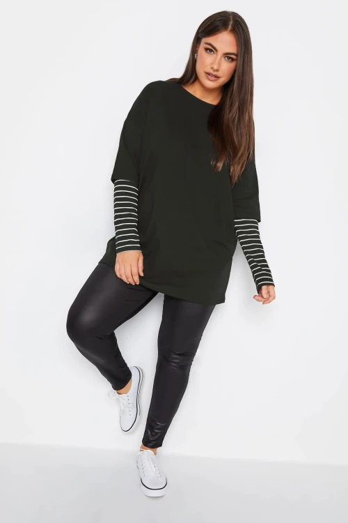 Büyük Beden Bisiklet Yaka Uzun Kollu Çift Katlı Kolları Çizgili T-shirt 302558