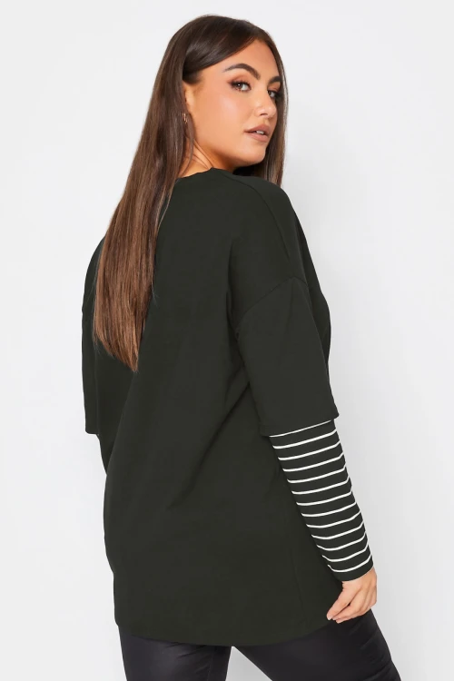Büyük Beden Bisiklet Yaka Uzun Kollu Çift Katlı Kolları Çizgili T-shirt 302558