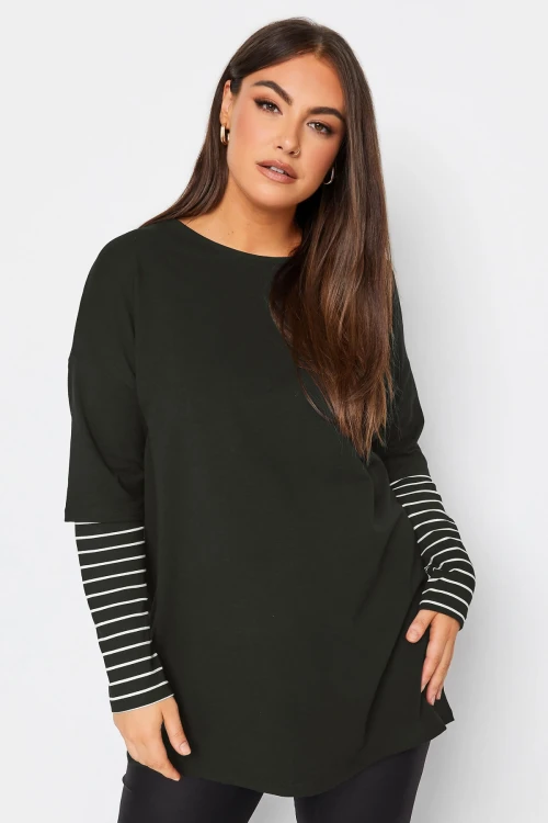 Büyük Beden Bisiklet Yaka Uzun Kollu Çift Katlı Kolları Çizgili T-shirt 302558