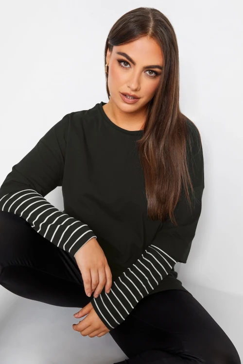 Büyük Beden Bisiklet Yaka Uzun Kollu Çift Katlı Kolları Çizgili T-shirt 302558
