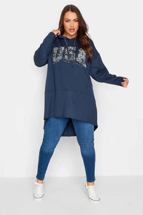 Büyük Beden Kapüşonlu Payetli Asimetrik Uzun Kesim Sweatshirt 301768