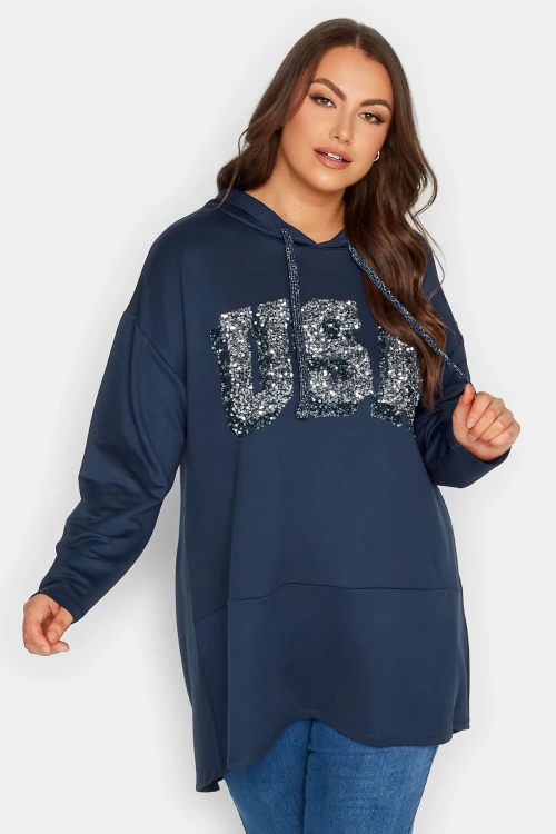 Büyük Beden Kapüşonlu Payetli Asimetrik Uzun Kesim Sweatshirt 301768
