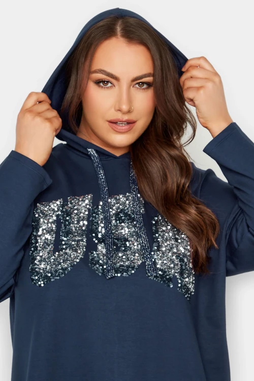 Büyük Beden Kapüşonlu Payetli Asimetrik Uzun Kesim Sweatshirt 301768