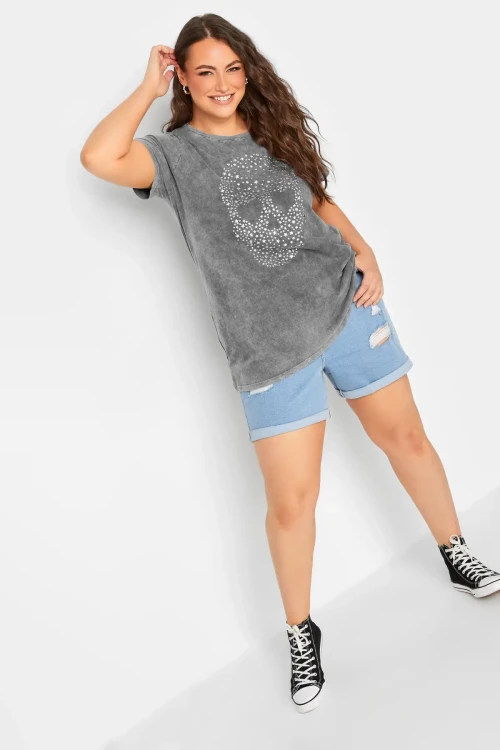 Büyük Beden Yıldızlı Kuru Kafa Baskılı Yıkamalı Yarım Kollu T-shirt 302191