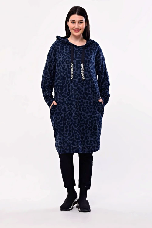 Büyük Beden Leopar Desenli Kapüşonlu Cepli Tunik 301804