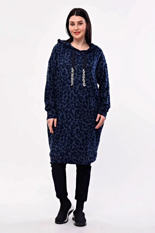 Büyük Beden Leopar Desenli Kapüşonlu Cepli Tunik 301804