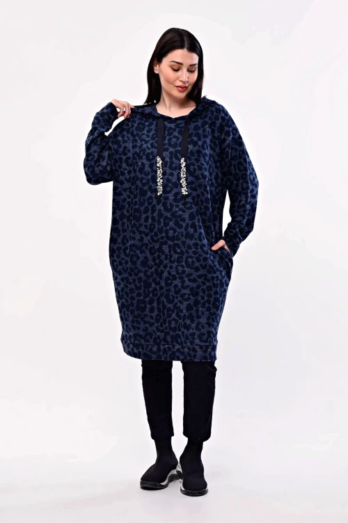 Büyük Beden Leopar Desenli Kapüşonlu Cepli Tunik 301804
