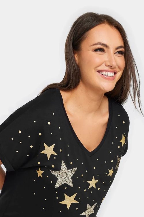 Büyük Beden V Yaka Yıldız Baskılı Kısa Kollu T-shirt 302279