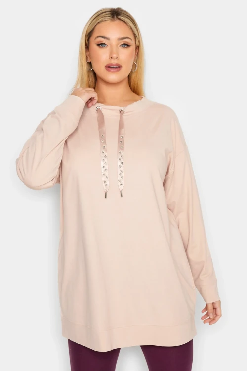 Büyük Beden Yıldız İşlemeli İpli Yaka Uzun Kesim Sweatshirt 301641