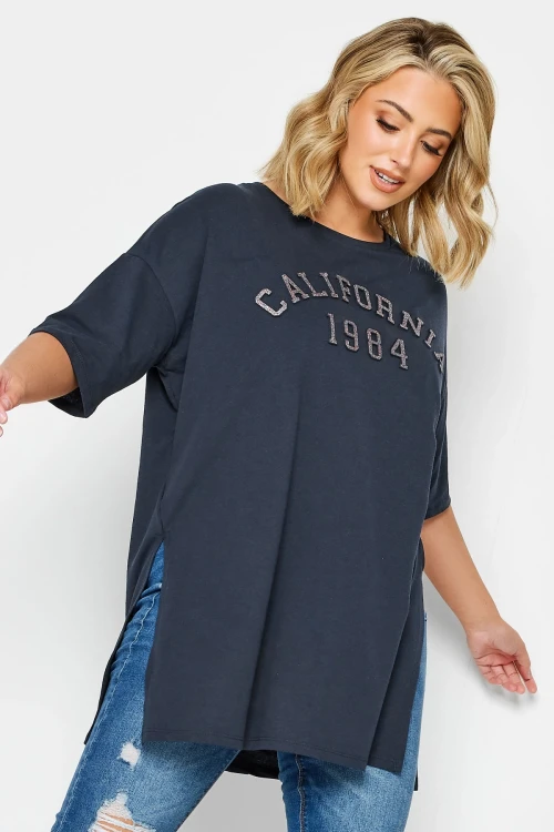 Büyük Beden Yırtmaç Detaylı Kabartma Detaylı Bisiklet Yaka Yarım Kollu T-shirt 302205