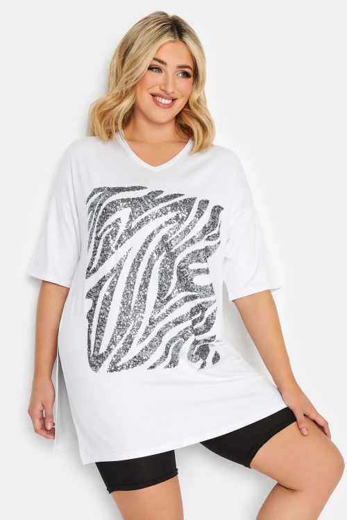 Büyük Beden Yanı Yırtmaç Detaylı Payet İşlemeli Yarım Kollu V Yaka T-shirt 302087