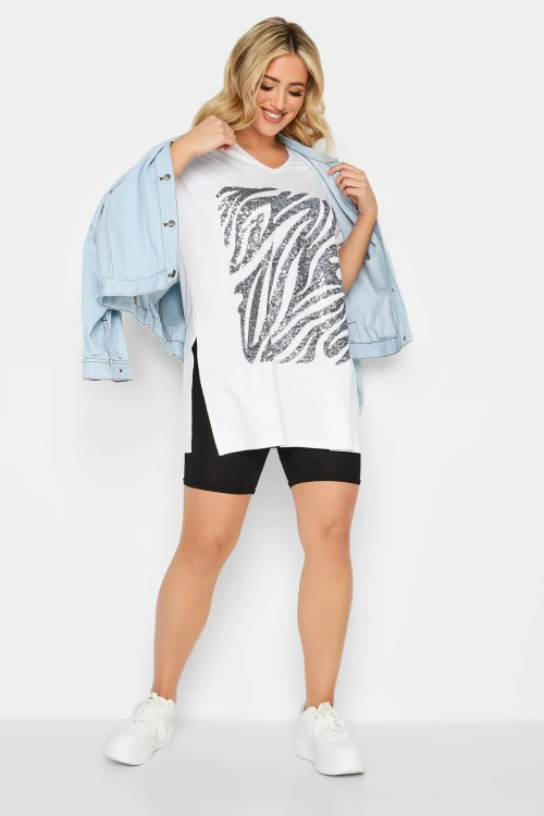 Büyük Beden Yanı Yırtmaç Detaylı Payet İşlemeli Yarım Kollu V Yaka T-shirt 302087