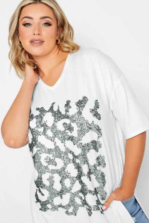 Büyük Beden Yanı Yırtmaç Detaylı Payet İşlemeli Yarım Kollu V Yaka T-shirt 302088