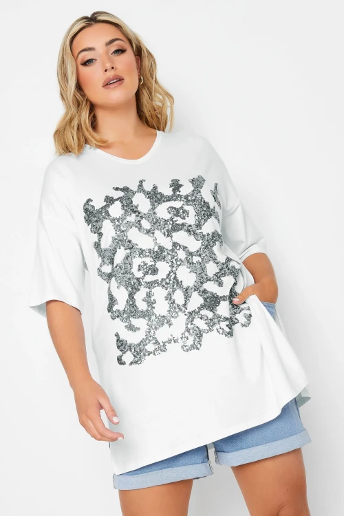 Büyük Beden Yanı Yırtmaç Detaylı Payet İşlemeli Yarım Kollu V Yaka T-shirt 302088