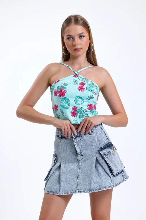 Önü Çapraz İnce Askılı Desenli Normal Kalıp Likralı Crop Bluz IHR-U-2