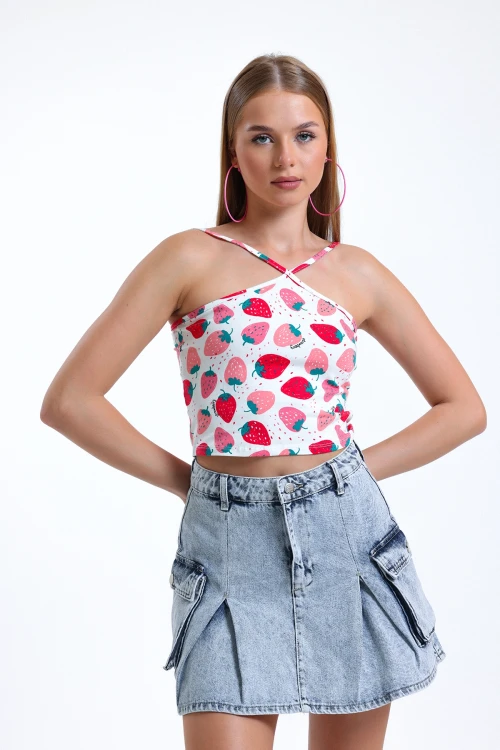 Önü Çapraz İnce Askılı Desenli Normal Kalıp Likralı Crop Bluz IHR-U-2