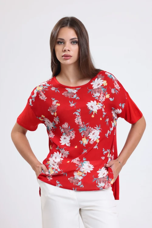 Çiçek Desenli Yarım Kollu Normal Kalıp Bisiklet Yaka Arkası Uzun Bluz