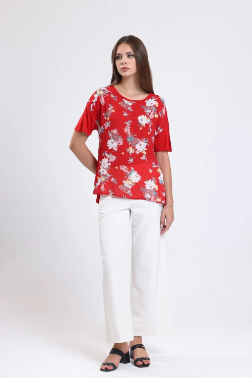 Çiçek Desenli Yarım Kollu Normal Kalıp Bisiklet Yaka Arkası Uzun Bluz