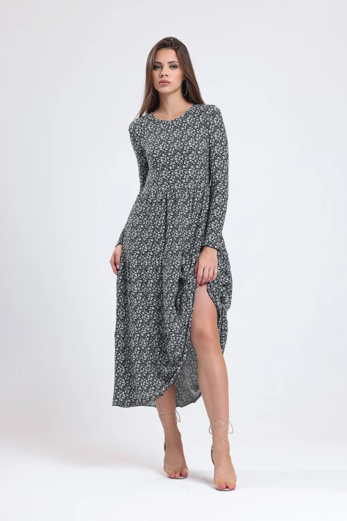 Çiçek Desenli Uzun Kollu Bisiklet Yaka Midi Boy Elbise