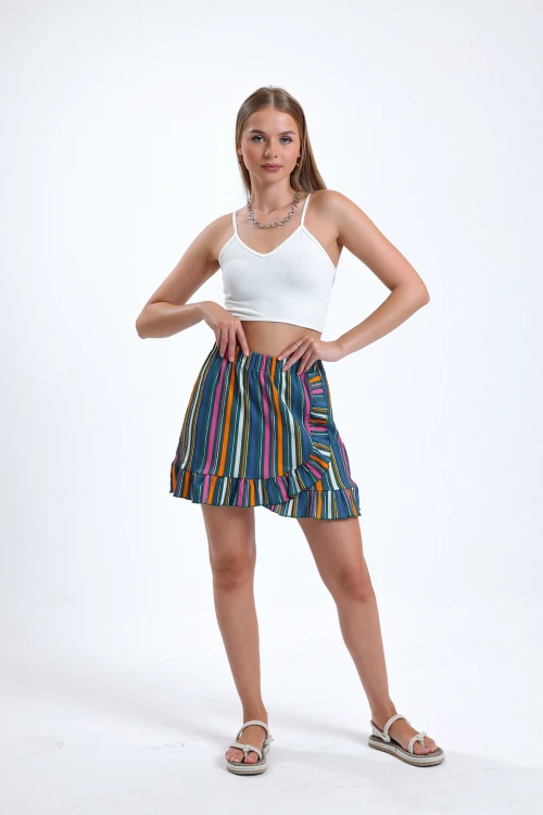 Fırfır Detaylı Beli Lastikli Likralı Desenli Mini Boy Etek IHR-23Y-IZ1U