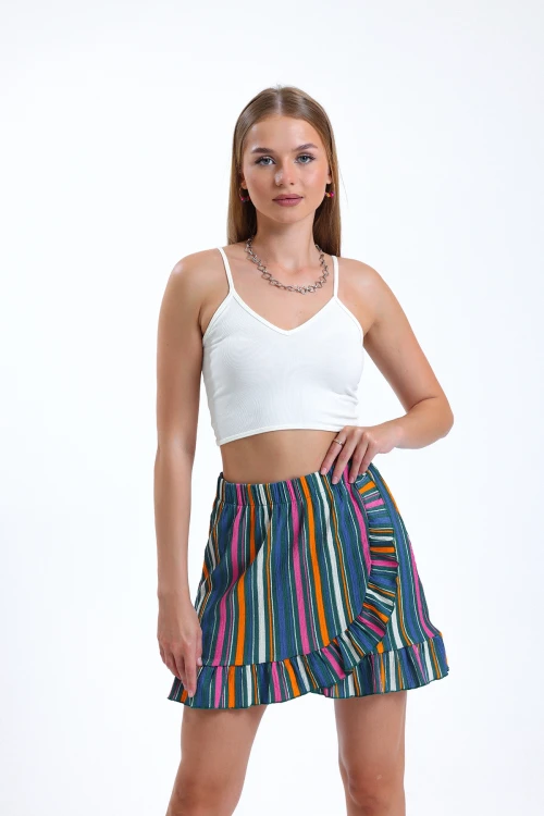 Fırfır Detaylı Beli Lastikli Likralı Desenli Mini Boy Etek IHR-23Y-IZ1U