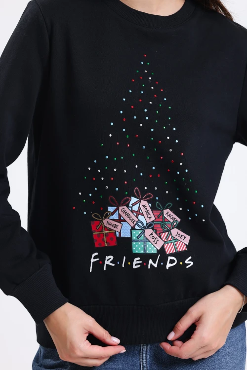 Friends Baskılı Taş İşlemeli Uzun Kollu Bisiklet Yaka Sweatshirt 12165313