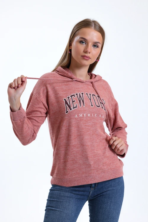 Kapüşonlu Yazı Baskılı Uzun Kollu Normal Kalıp İnce Triko Sweatshirt IHR-23Y-IZ1246264