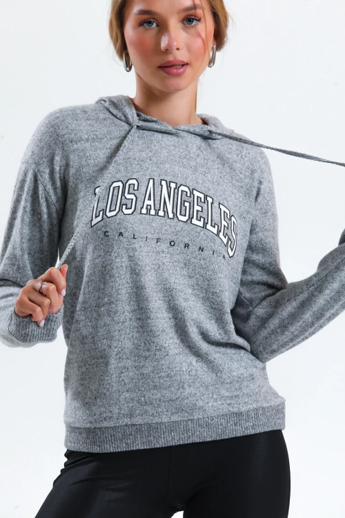 Kapüşonlu Normal Kalıp Uzun Kollu Yazı Baskılı Ince Örme Sweatshirt 12462644