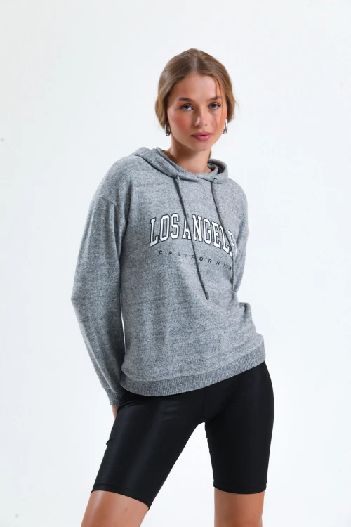 Kapüşonlu Normal Kalıp Uzun Kollu Yazı Baskılı Ince Örme Sweatshirt 12462644
