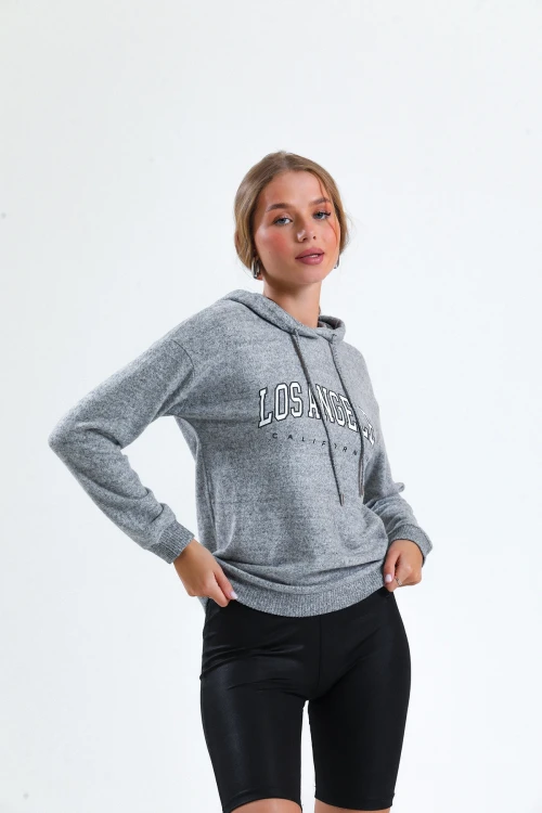 Kapüşonlu Normal Kalıp Uzun Kollu Yazı Baskılı Ince Örme Sweatshirt 12462644