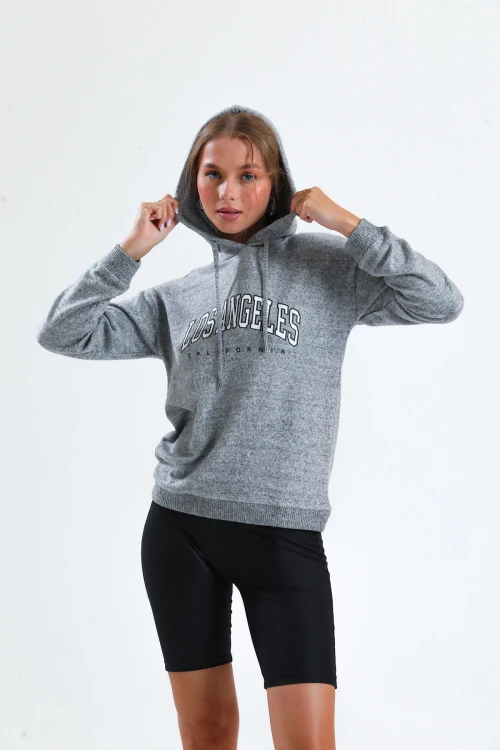 Kapüşonlu Normal Kalıp Uzun Kollu Yazı Baskılı Ince Örme Sweatshirt 12462644