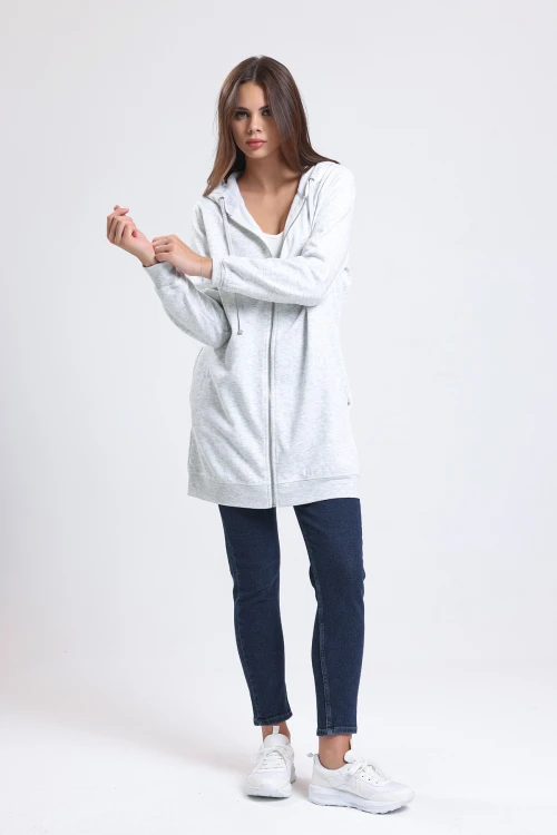 Kapüşonlu Önden Fermuarlı Uzun Kollu Uzun Kesim Cepli Sweatshirt