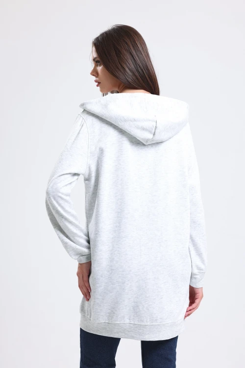 Kapüşonlu Önden Fermuarlı Uzun Kollu Uzun Kesim Cepli Sweatshirt