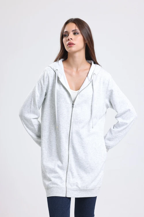Kapüşonlu Önden Fermuarlı Uzun Kollu Uzun Kesim Cepli Sweatshirt