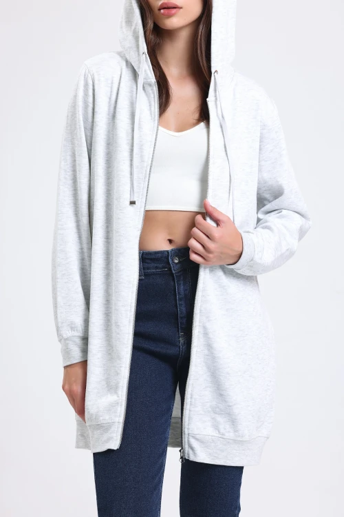 Kapüşonlu Önden Fermuarlı Uzun Kollu Uzun Kesim Cepli Sweatshirt