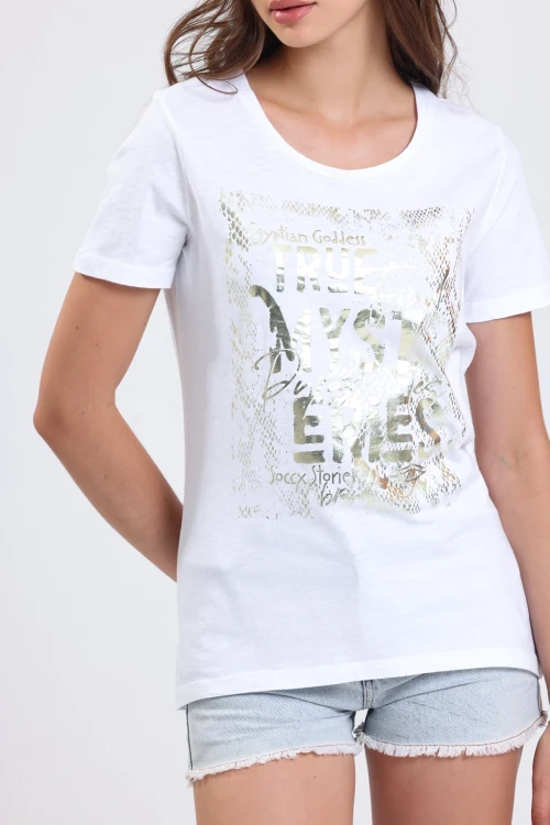 Kısa Kollu Yazı Basklı Yuvarlak Yaka İnce Uzun T-shirt