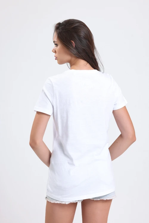 Kısa Kollu Yazı Basklı Yuvarlak Yaka İnce Uzun T-shirt