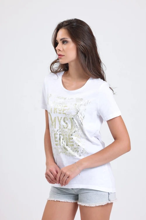 Kısa Kollu Yazı Basklı Yuvarlak Yaka İnce Uzun T-shirt