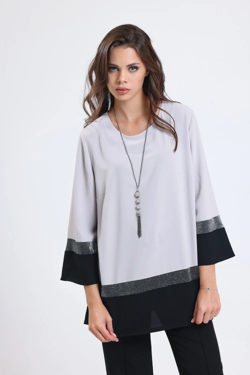 Kolyeli İki Parça Görünümlü Oval Etek Bol Kesim Fakir Kol Şık Bluz