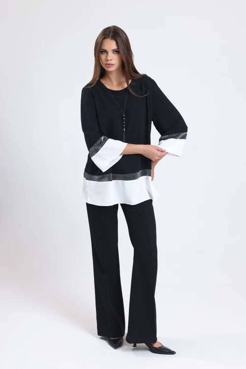 Kolyeli İki Parça Görünümlü Oval Etek Bol Kesim Fakir Kol Şık Bluz