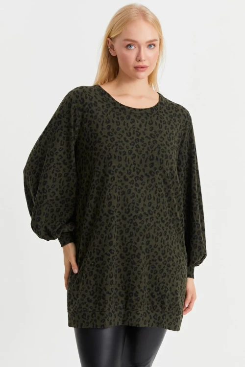 Leopar Desenli Yumuşak Dokulu Balon Kol Bisiklet Yaka Uzun Bluz IZ24BIG