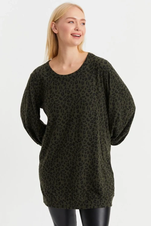 Leopar Desenli Yumuşak Dokulu Balon Kol Bisiklet Yaka Uzun Bluz IZ24BIG