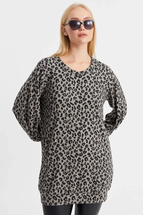 Leopar Desenli Yumuşak Dokulu Balon Kol Bisiklet Yaka Uzun Bluz IZ24BIG