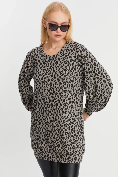 Leopar Desenli Yumuşak Dokulu Balon Kol Bisiklet Yaka Uzun Bluz IZ24BIG
