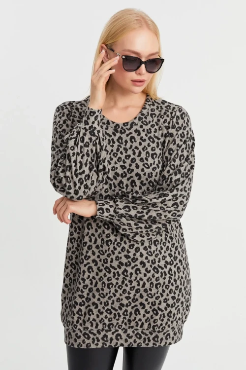 Leopar Desenli Yumuşak Dokulu Balon Kol Bisiklet Yaka Uzun Bluz IZ24BIG
